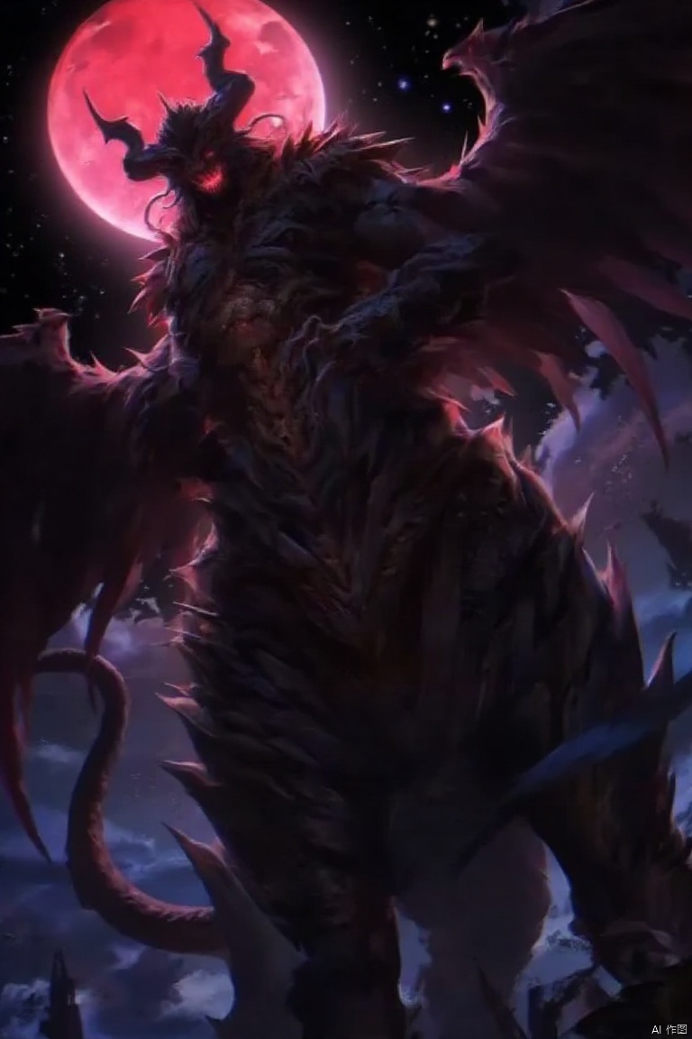 Giant God Fear,
Solo, red eyes, tail, wings, horns, sky, teeth, no humans, night, glow, moon, glow eyes, full moon, monster,