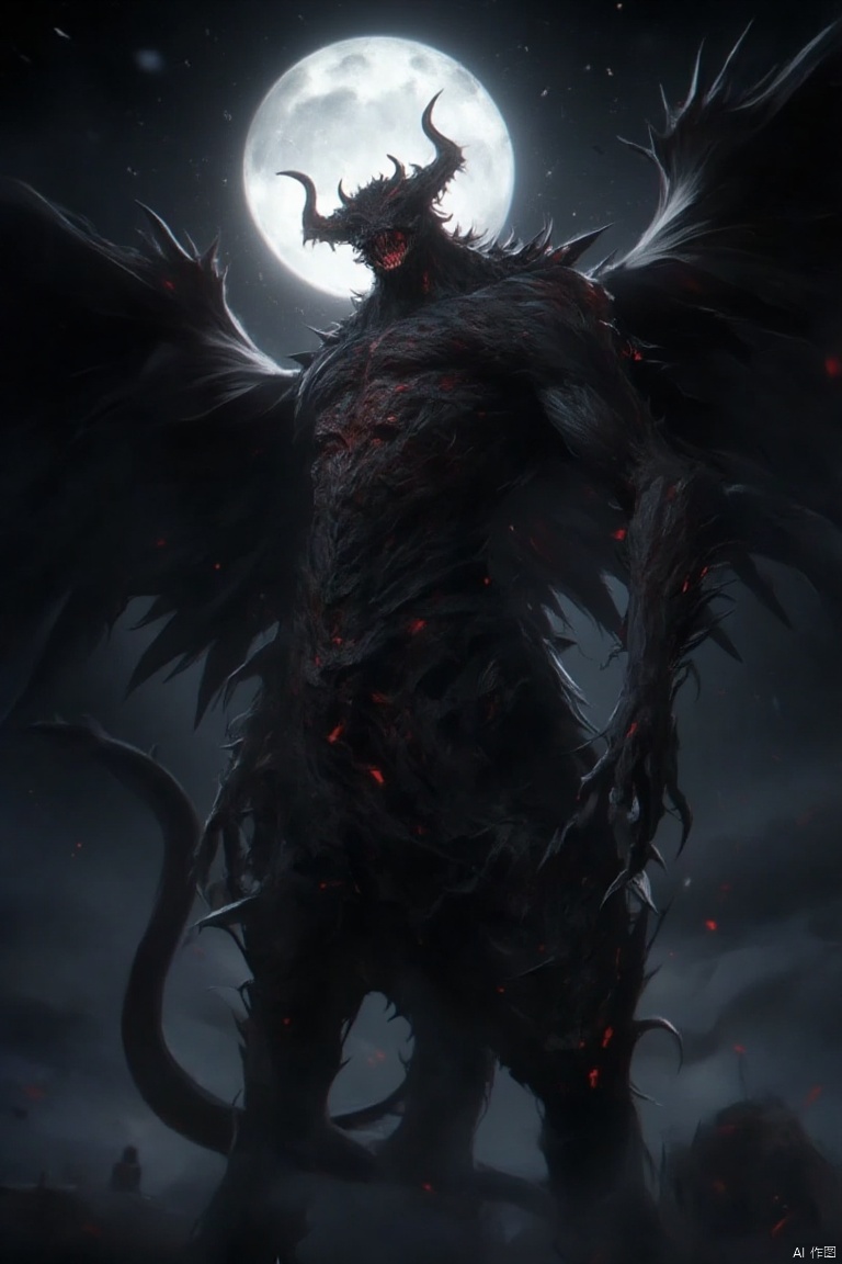 Giant God Fear,
Solo, red eyes, tail, wings, horns, sky, teeth, no humans, night, glow, moon, glow eyes, full moon, monster,