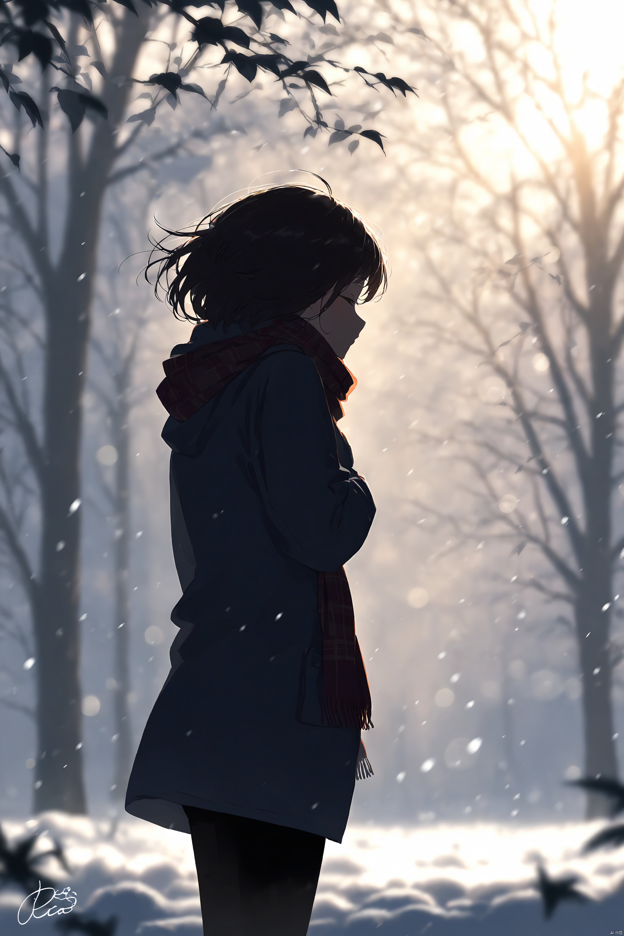 1girl, solo, scarf, snow, blurry, tree, depth_of_field, outdoors, winter, short_hair, signature, snowing, nature, wind, scenery, backlighting, bokeh, sunlight, silhouette, bare_tree, blurry_background, forest, from_behind