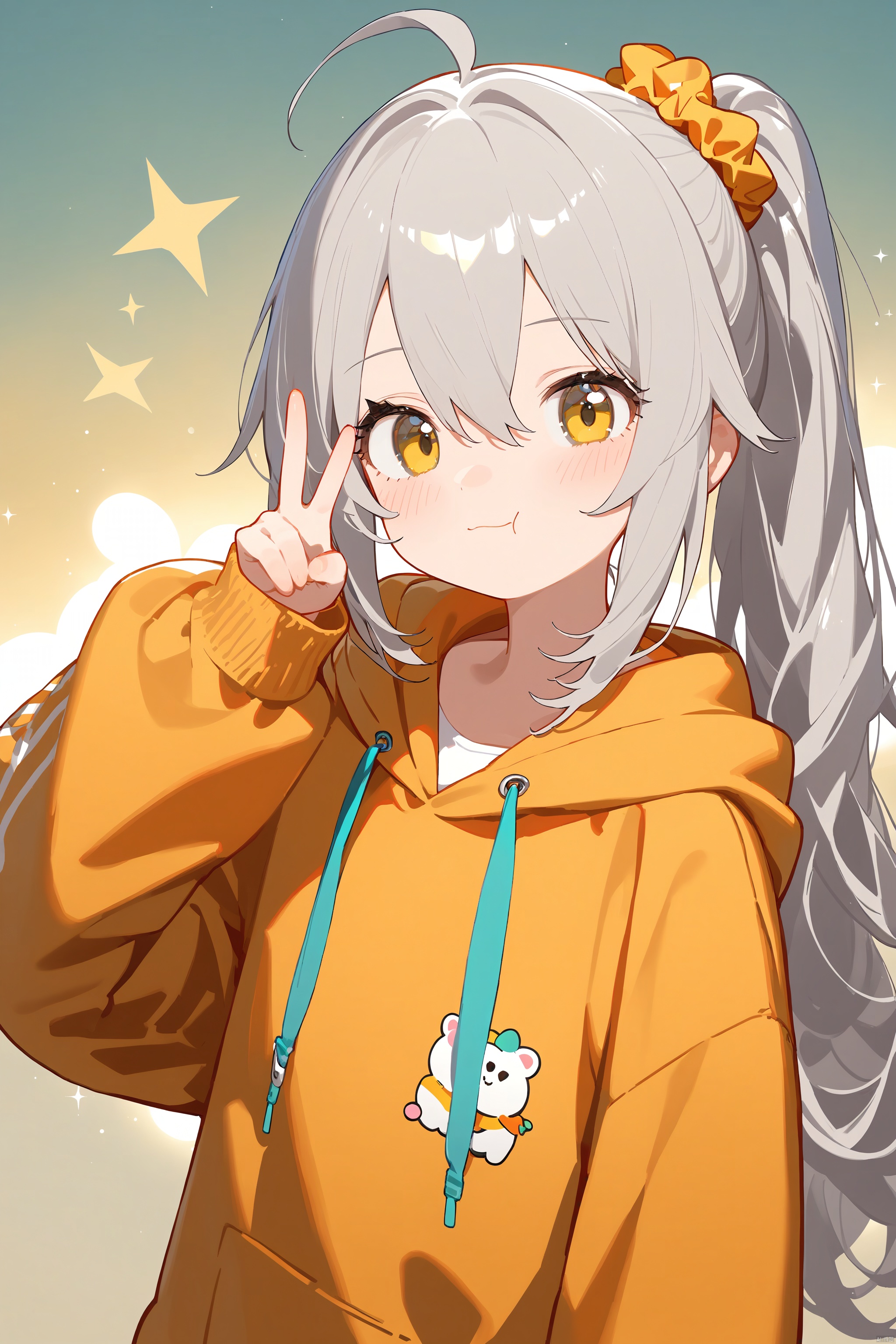 i,best quality, amazing quality, very aesthetic,long hair, 1girl, hood, solo, side_ponytail, hoodie, blush, long_hair, orange_hoodie, holding, upper_body, v, looking_at_viewer, ahoge, hair_between_eyes, grey_hair, long_sleeves, yellow_eyes, bangs, sleeves_past_wrists, closed_mouth, hair_ornament, hood_down, :t, food, sparkle, hair_scrunchie