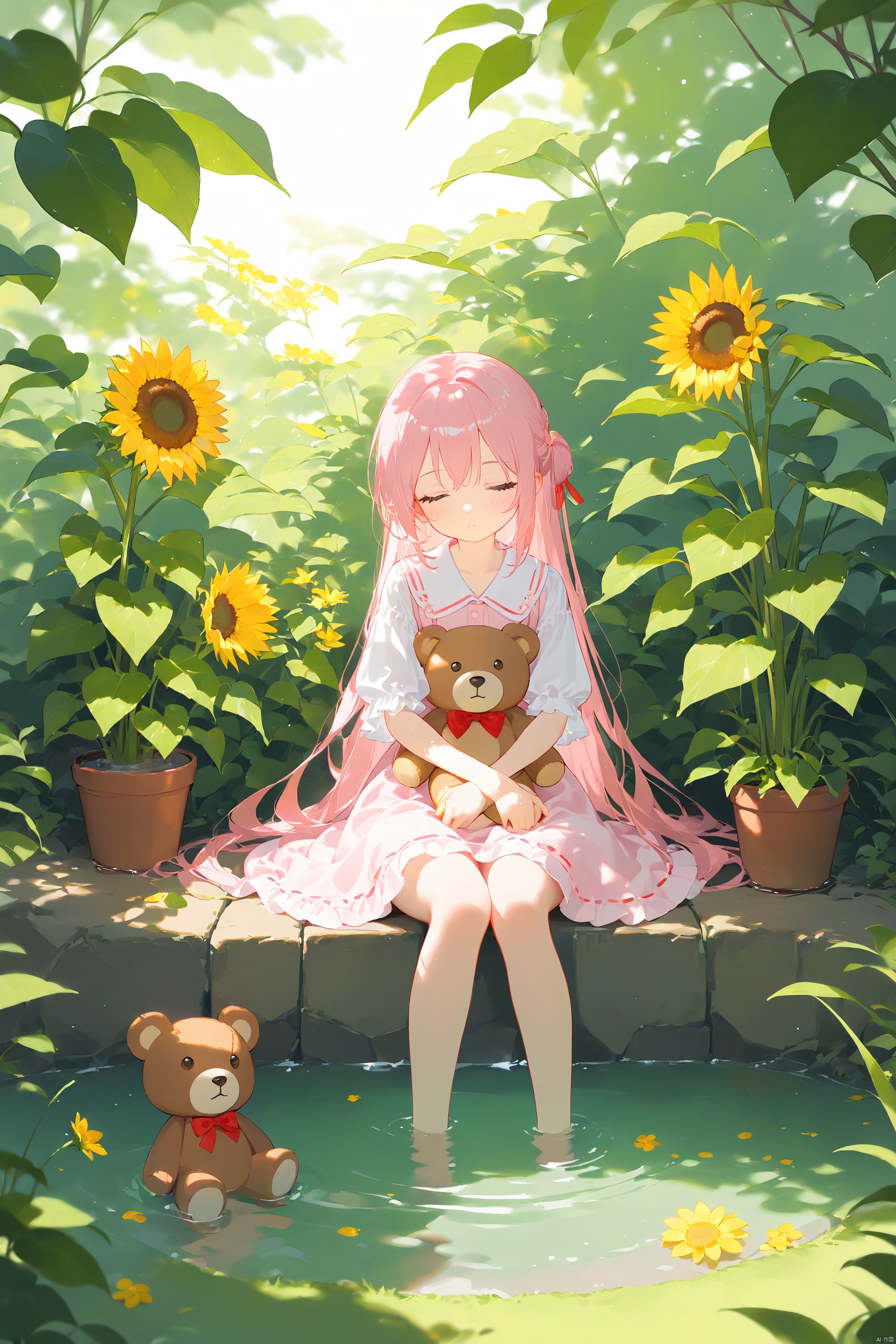 1girl, closed_eyes, dappled_sunlight, dress, flower, grass, leaf, long_hair, pink_hair, plant, potted_plant, sitting, soaking_feet, solo, stuffed_animal, stuffed_toy, sunflower, teddy_bear, very_long_hair, water, yellow_flower
