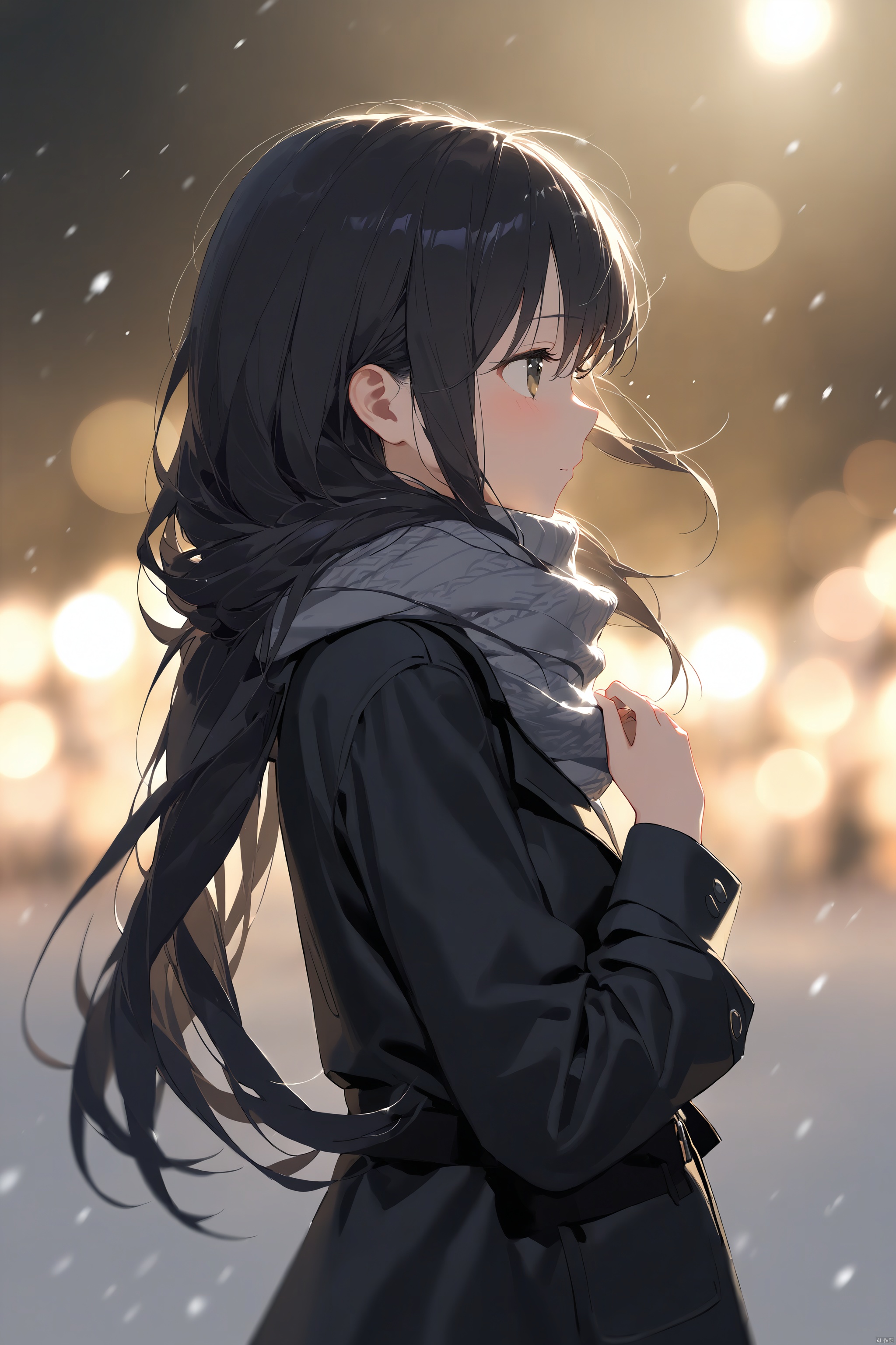 (masterpiece),(best quality),(masterpiece),(best quality),1girl, black_coat, black_hair, blurry, blurry_background, blurry_foreground, bokeh, city_lights, coat, depth_of_field, from_side, jacket, lens_flare, long_hair, long_sleeves, looking_away, motion_blur, outdoors, scarf, snow, snowing, solo, upper_body