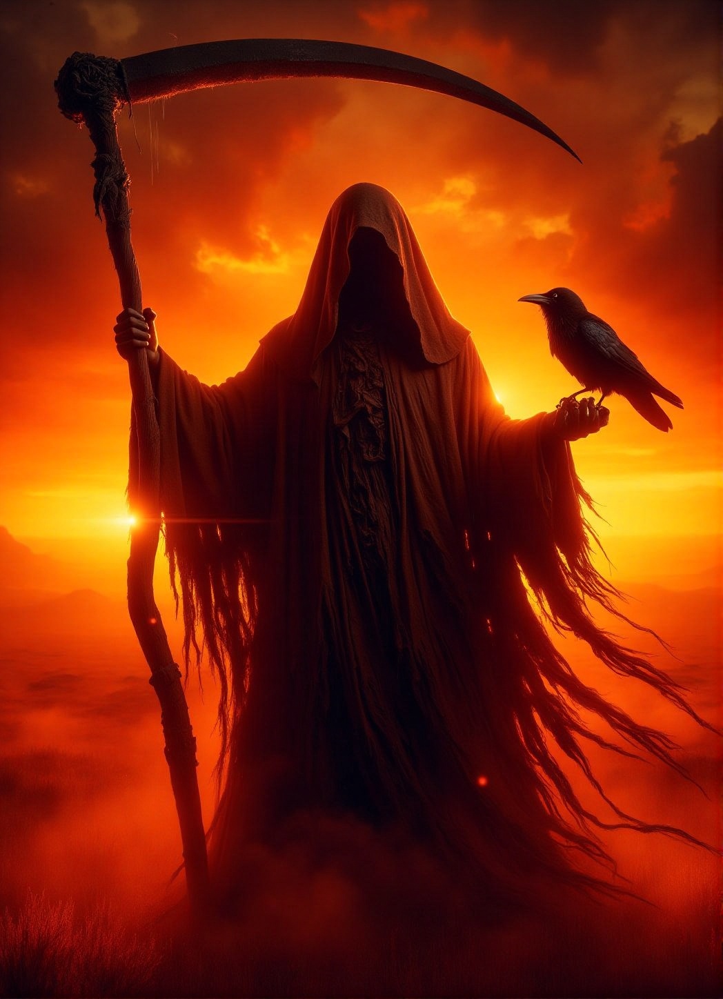 A dark silhouette,  the Grim Reaper cloaked in shadows,  brandishes an otherworldly scythe amidst a blazing sunset backdro...