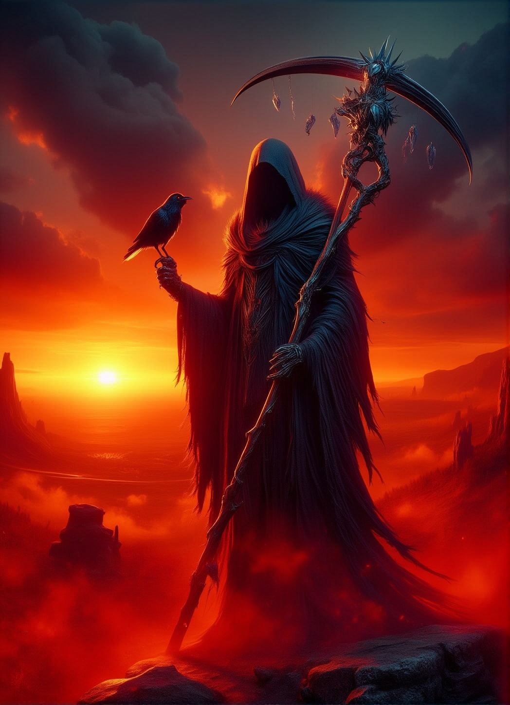 A cloaked grim reaper wielding an ominous weapon stands amidst a fiery landscape at sunset. A small raven is perched on th...