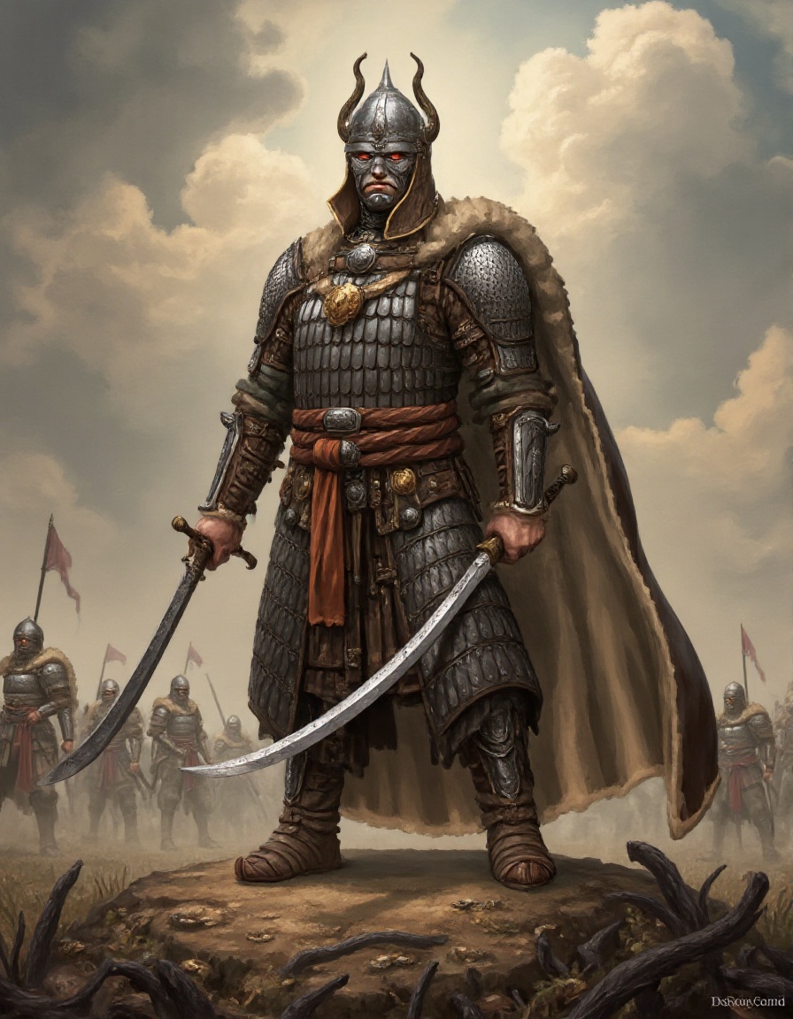 medium shot of perfect bulky muscular tall huge male knight,  wearing fully body Scale Armor,  wearing horned helmet on Te...