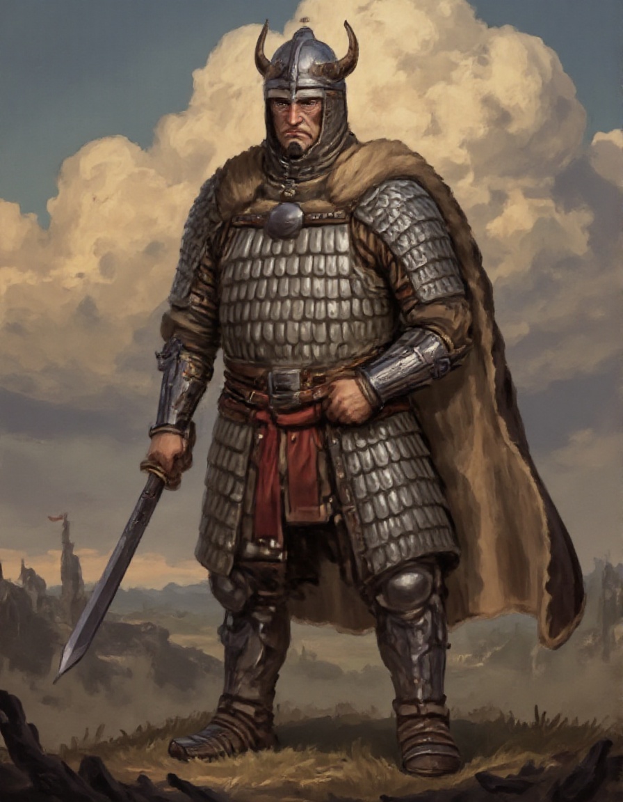 DFStyleFlux medium shot of perfect bulky muscular tall huge male knight,  wearing fully body Scale Armor,  wearing horned...