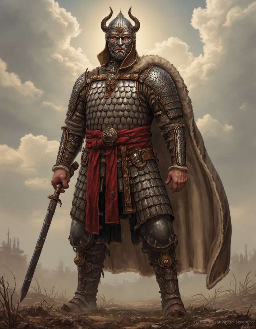 medium shot of perfect bulky muscular tall huge male knight,  wearing fully body Scale Armor,  wearing horned helmet on Te...