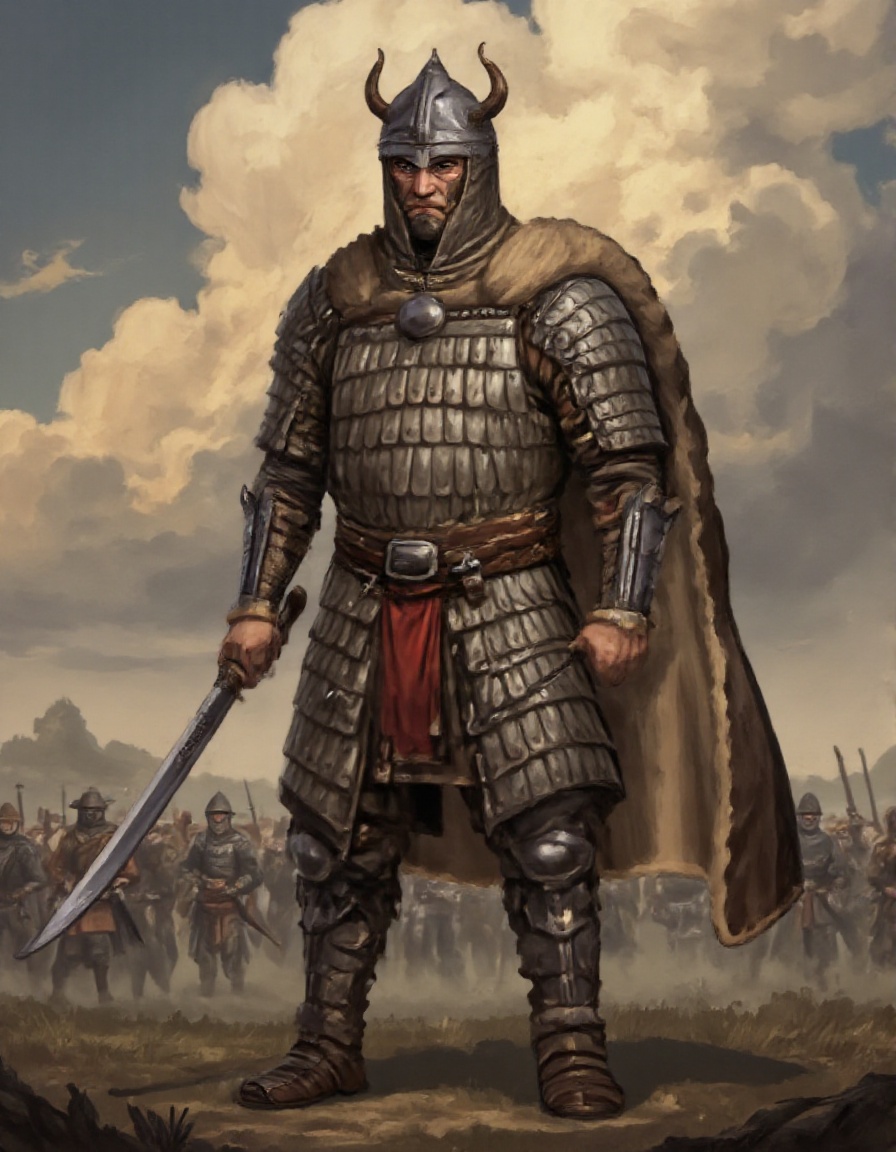 DFStyleFlux medium shot of perfect bulky muscular tall huge male knight,  wearing fully body Scale Armor,  wearing horned...