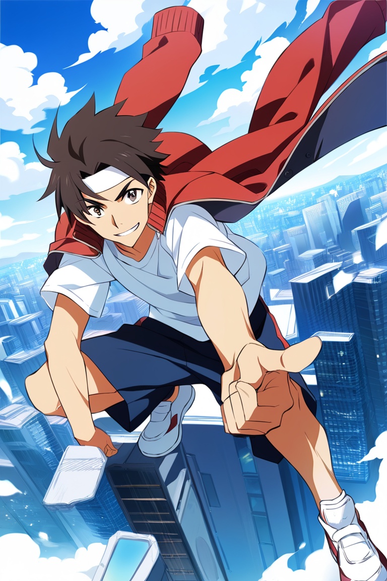 anime male squatting on top of a skyscraper looking at the horizon and pointing at viewer,  score_9,  score_8_up on Tensor...