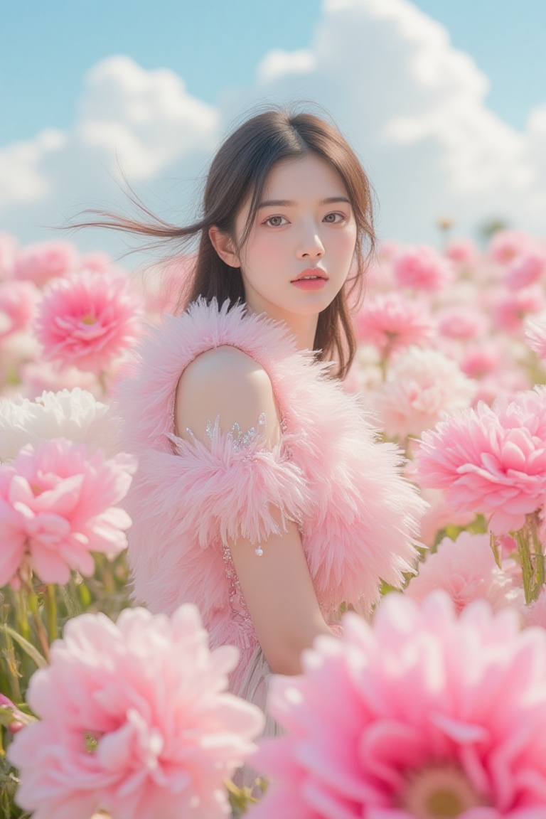 pink_flower_meadow,  Portrait of a figure in a field of fluffy,  soft pink flowers on Tensor.Art
