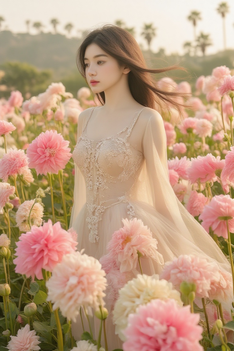 BeNhi,  A woman standing amidst a field of vibrant pink flowers,  with a soft breeze gently lifting her long on Tensor.Art