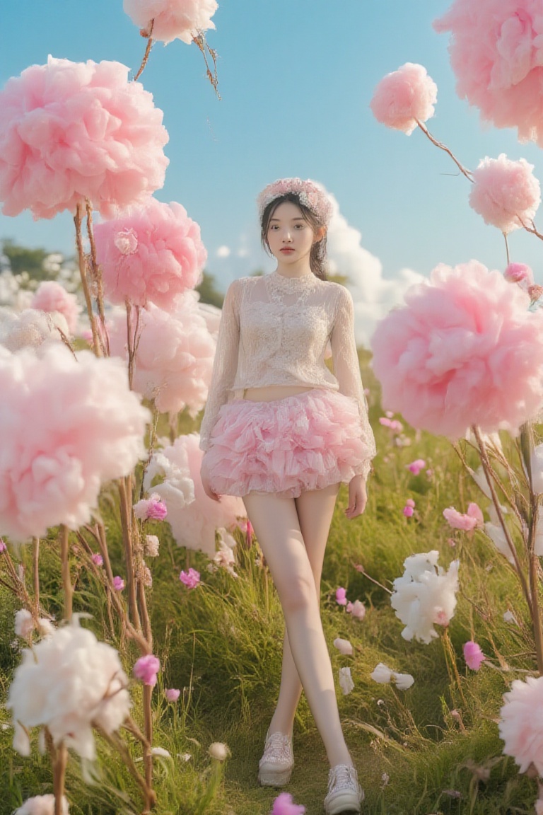 BeNhi,  A whimsical,  dreamy scene set in a vibrant flower field under a bright blue sky. The foreground features a figure...