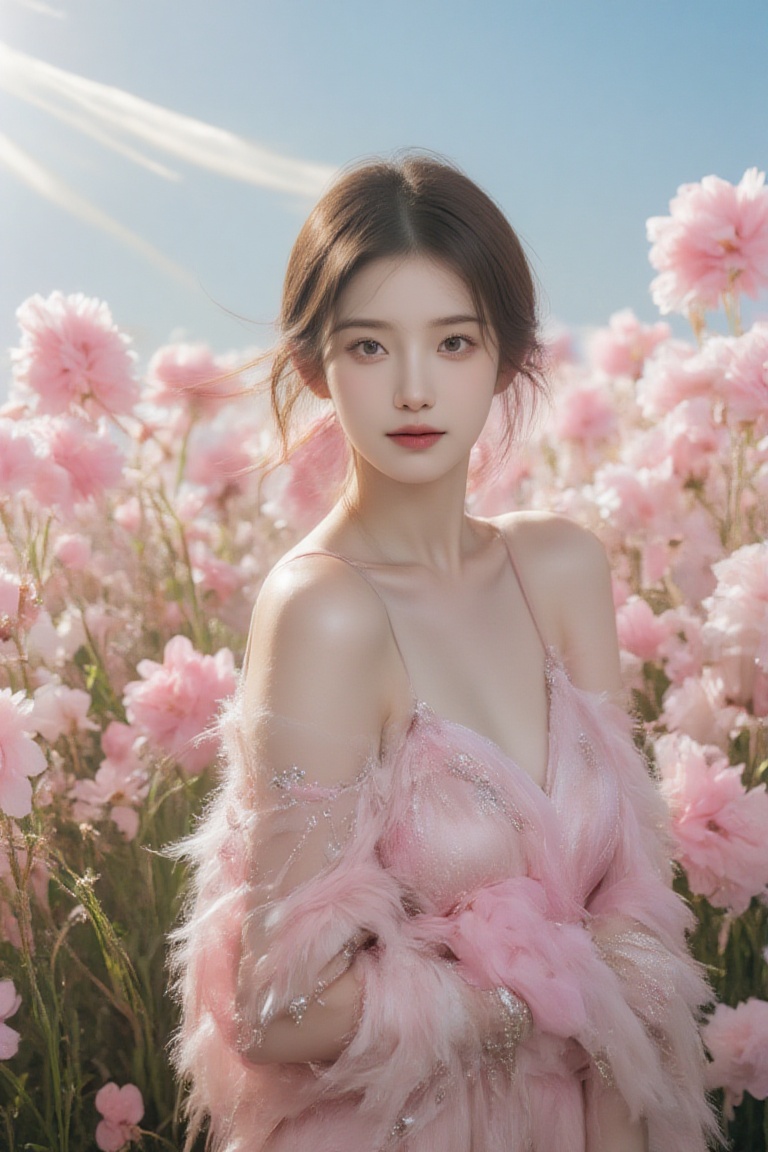 pink_flower_meadow,  Portrait of a figure in a field of fluffy,  soft pink flowers on Tensor.Art