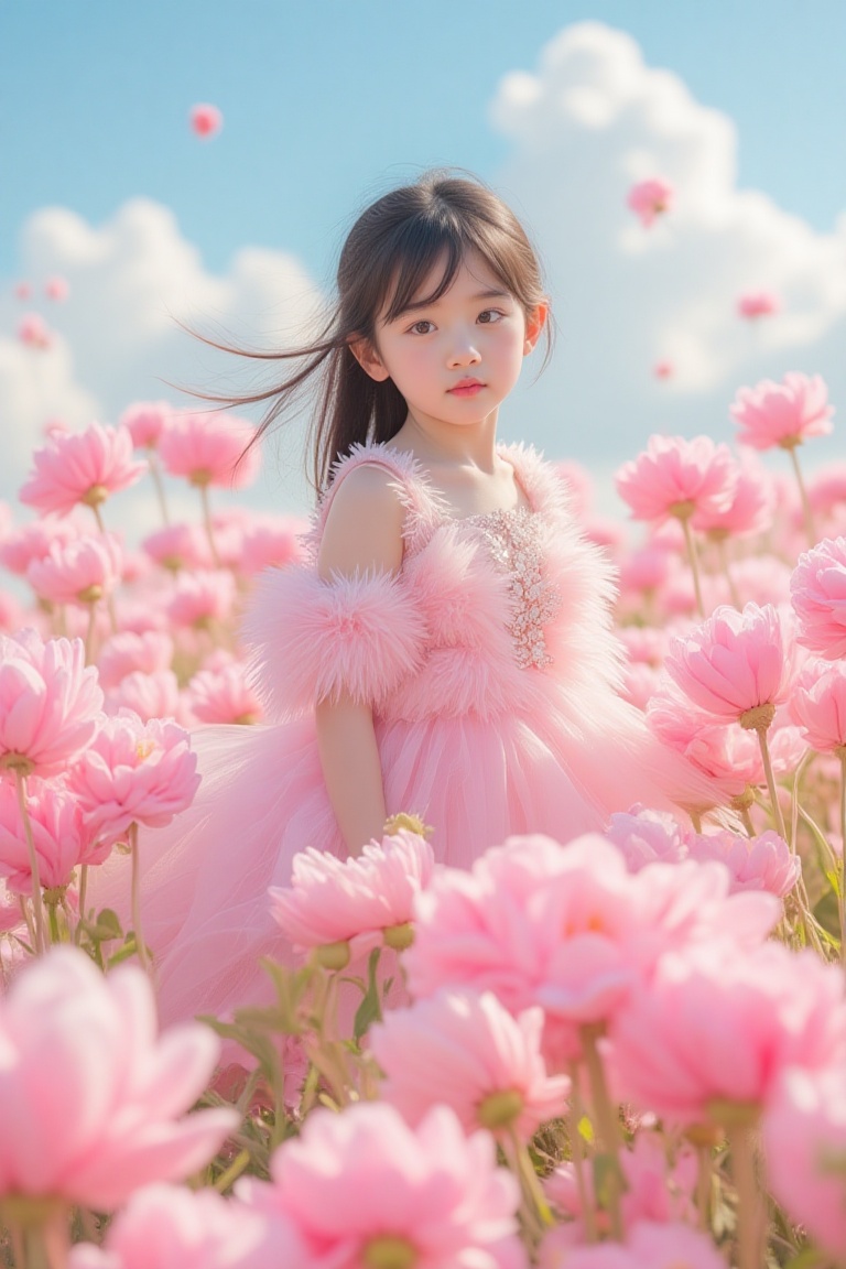 pink_flower_meadow,  Portrait of a little girl in a field of fluffy,  soft pink flowers on Tensor.Art