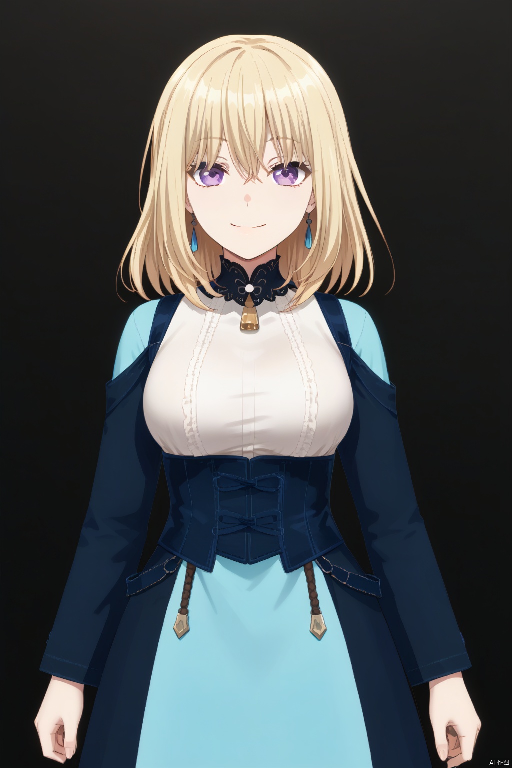 uika,uika, 1girl, blonde hair, bangs,purple eyes, smile, medium hair,hair between eyes