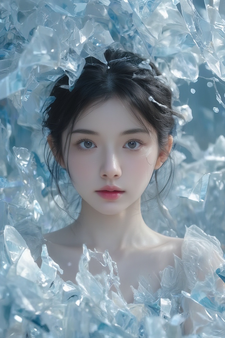 BeNhi,  A serene and ethereal scene with a figure surrounded by floating shards of crystal-like fragments,  creating a dre...