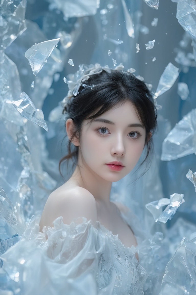 BeNhi,  A serene and ethereal scene with a figure surrounded by floating shards of crystal-like fragments,  creating a dre...