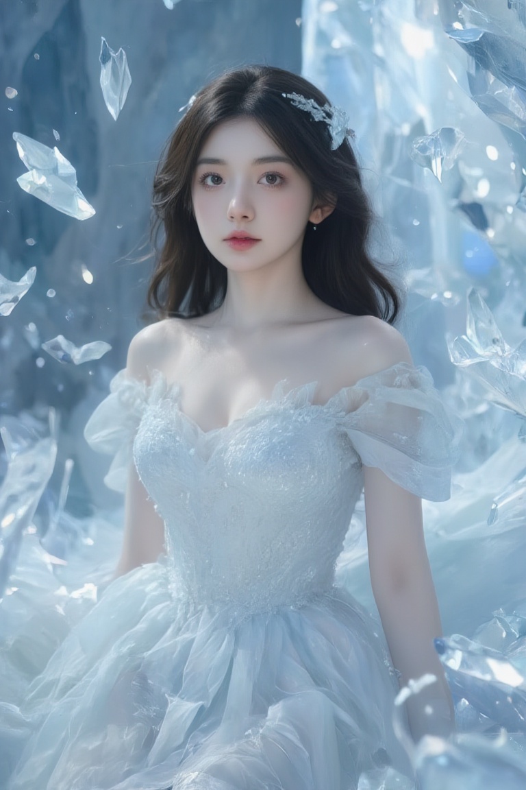 BeNhi,  A serene and ethereal scene with a figure surrounded by floating shards of crystal-like fragments,  creating a dre...