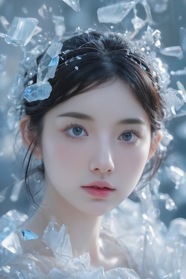 BeNhi,  A serene and ethereal scene with a figure surrounded by floating shards of crystal-like fragments,  creating a dre...