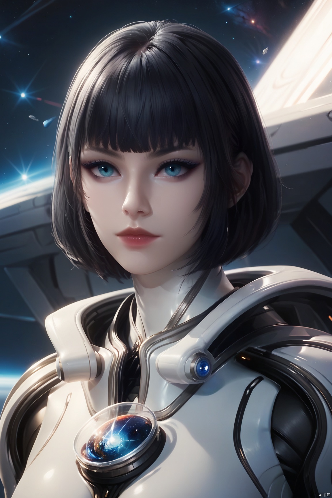 score_9, score_8_up, score_7_up, (upper body),ultra detailed, 1girl, solo, short hair, bangs, blue eyes, black hair, upper body, blunt bangs, looking to the view, bob cut, realistic,space, spacecraft, spacesuit