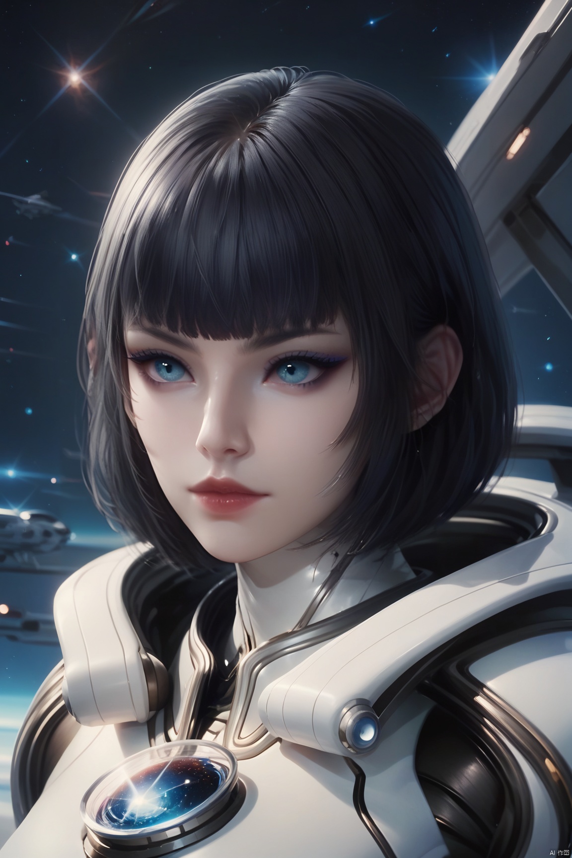 score_9, score_8_up, score_7_up, (upper body),ultra detailed, 1girl, solo, short hair, bangs, blue eyes, black hair, upper body, blunt bangs, looking to the view, bob cut, realistic,space, spacecraft, spacesuit