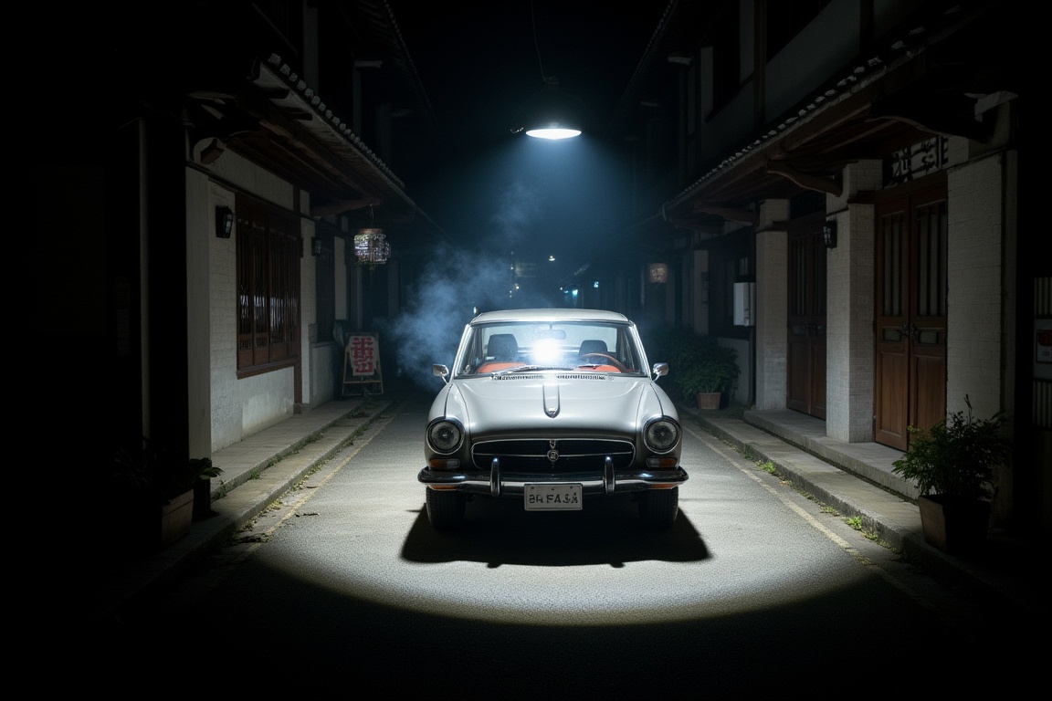 x50style car lit by a spot light in the middle of the Korean ancient town,  smokes,  SPOT on Tensor.Art