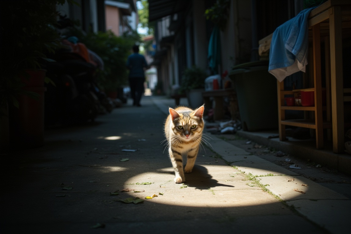running cat lit by a spot light,  stealing a fish from a market on Tensor.Art
