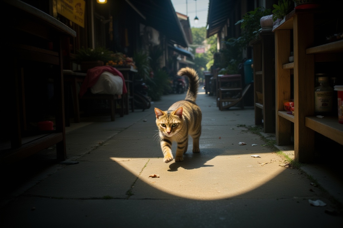 running cat lit by a spot light,  stealing a fish from a market on Tensor.Art