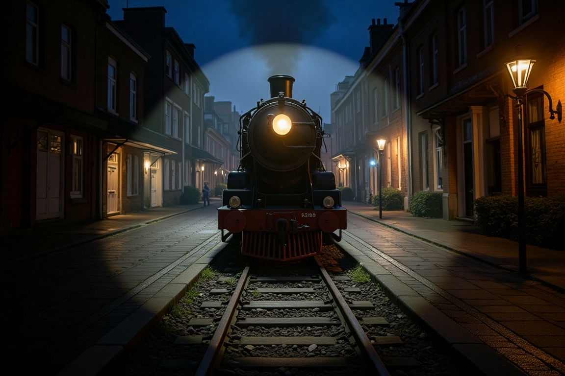 locomotive in the middle of the classic town lit by a spot light on Tensor.Art