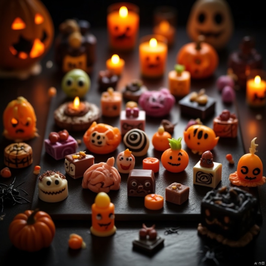 A whimsical Halloween scene featuring a table full of spooky yet delightful monster-themed candies and treats. The table is decorated with carved pumpkins, spider webs, and flickering candles. The candies are creatively shaped like monsters, with gummy worms, chocolate bars, and candy corn arranged in a playful manner. The lighting is warm and inviting, casting a soft glow over the scene. The composition is centered on the table, with a slight overhead angle to emphasize the variety of monster-themed treats. The atmosphere is both eerie and charming, perfect for a Halloween celebration.