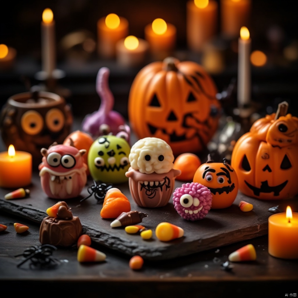 A whimsical Halloween scene featuring a table full of spooky yet delightful monster-themed candies and treats. The table is decorated with carved pumpkins, spider webs, and flickering candles. The candies are creatively shaped like monsters, with gummy worms, chocolate bars, and candy corn arranged in a playful manner. The lighting is warm and inviting, casting a soft glow over the scene. The composition is centered on the table, with a slight overhead angle to emphasize the variety of monster-themed treats. The atmosphere is both eerie and charming, perfect for a Halloween celebration.
