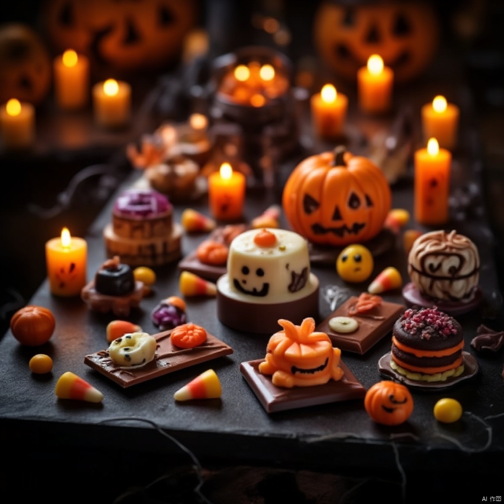 A whimsical Halloween scene featuring a table full of spooky yet delightful monster-themed candies and treats. The table is decorated with carved pumpkins, spider webs, and flickering candles. The candies are creatively shaped like monsters, with gummy worms, chocolate bars, and candy corn arranged in a playful manner. The lighting is warm and inviting, casting a soft glow over the scene. The composition is centered on the table, with a slight overhead angle to emphasize the variety of monster-themed treats. The atmosphere is both eerie and charming, perfect for a Halloween celebration.