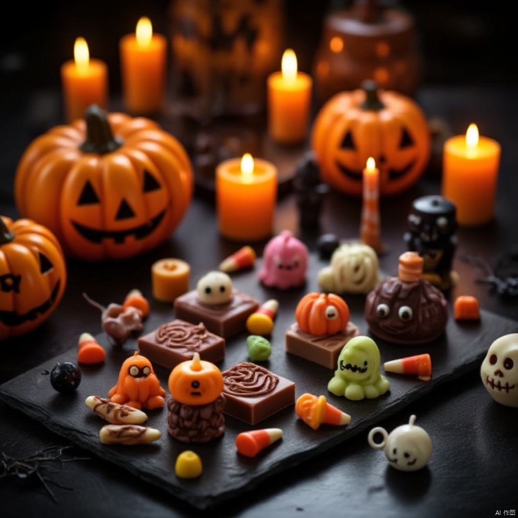 A whimsical Halloween scene featuring a table full of spooky yet delightful monster-themed candies and treats. The table is decorated with carved pumpkins, spider webs, and flickering candles. The candies are creatively shaped like monsters, with gummy worms, chocolate bars, and candy corn arranged in a playful manner. The lighting is warm and inviting, casting a soft glow over the scene. The composition is centered on the table, with a slight overhead angle to emphasize the variety of monster-themed treats. The atmosphere is both eerie and charming, perfect for a Halloween celebration.
