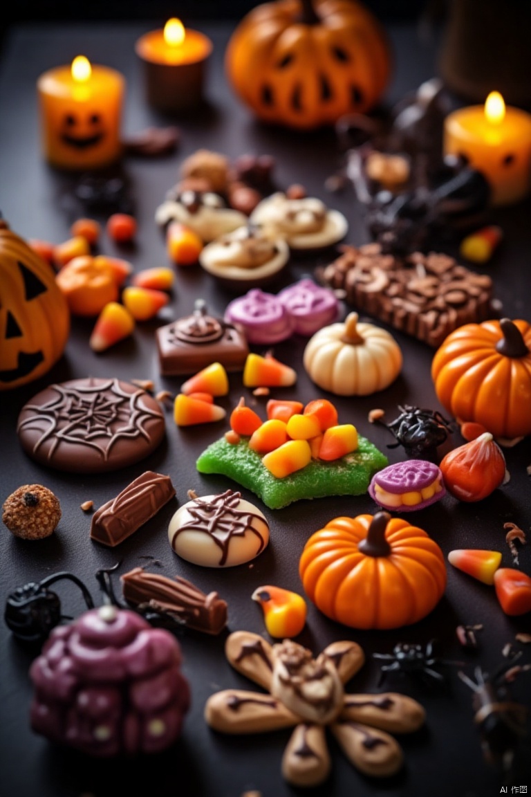 A vibrant Halloween scene with a table full of colorful Halloween candies and treats. The table is adorned with pumpkins, spider webs, and flickering candles. The candies are arranged in a festive manner, with gummy worms, chocolate bars, and candy corn prominently displayed. The lighting is warm and cozy, casting a soft glow over the scene. The composition is centered on the table, with a slight overhead angle to showcase the variety of treats. The atmosphere is playful and inviting, perfect for a Halloween party.