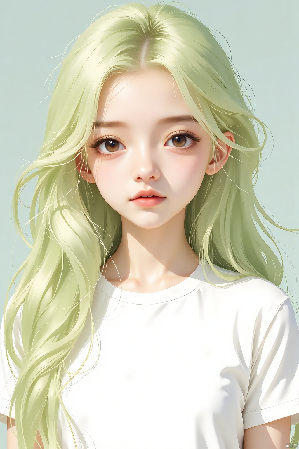 a cartoon girl with long blonde hair

wearing a white t-shirt

adding a pop of color to her face.     The girl's hair is a vibrant shade of green

while her eyes are a darker shade of brown.

Her hair is cascading down her shoulders

framing her entire face.

