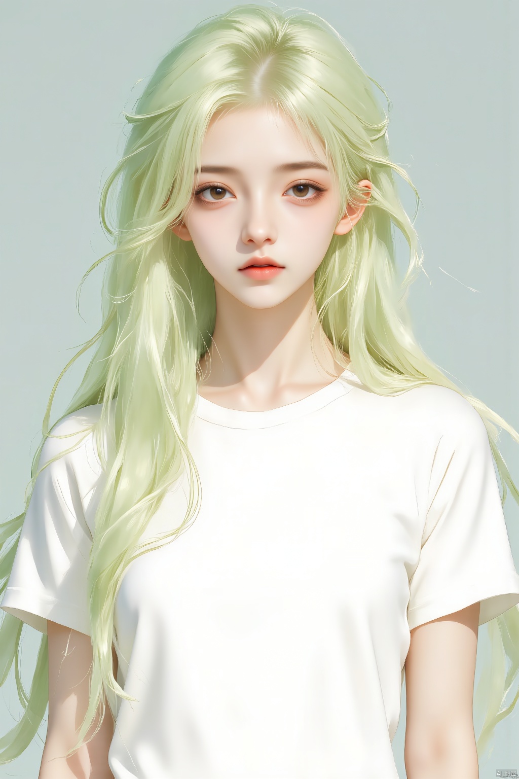 a cartoon girl with long blonde hair

wearing a white t-shirt

adding a pop of color to her face.     The girl's hair is a vibrant shade of green

while her eyes are a darker shade of brown.

Her hair is cascading down her shoulders

framing her entire face.

