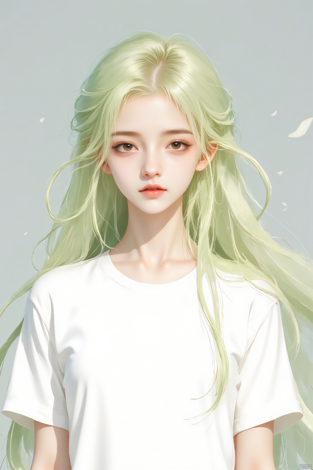 a cartoon girl with long blonde hair

wearing a white t-shirt

adding a pop of color to her face.     The girl's hair is a vibrant shade of green

while her eyes are a darker shade of brown.

Her hair is cascading down her shoulders

framing her entire face.
