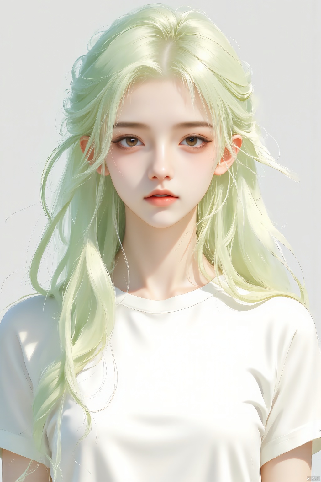 a cartoon girl with long blonde hair

wearing a white t-shirt

adding a pop of color to her face.     The girl's hair is a vibrant shade of green

while her eyes are a darker shade of brown.

Her hair is cascading down her shoulders

framing her entire face.
