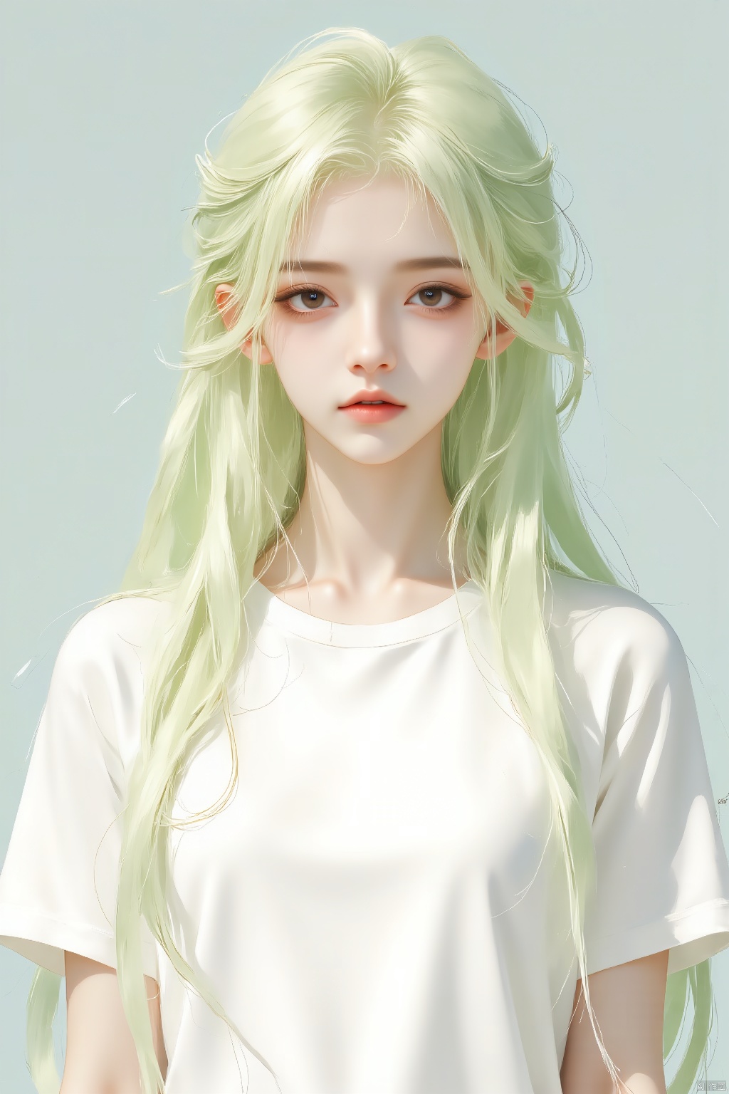 a cartoon girl with long blonde hair

wearing a white t-shirt

adding a pop of color to her face.     The girl's hair is a vibrant shade of green

while her eyes are a darker shade of brown.

Her hair is cascading down her shoulders

framing her entire face.
