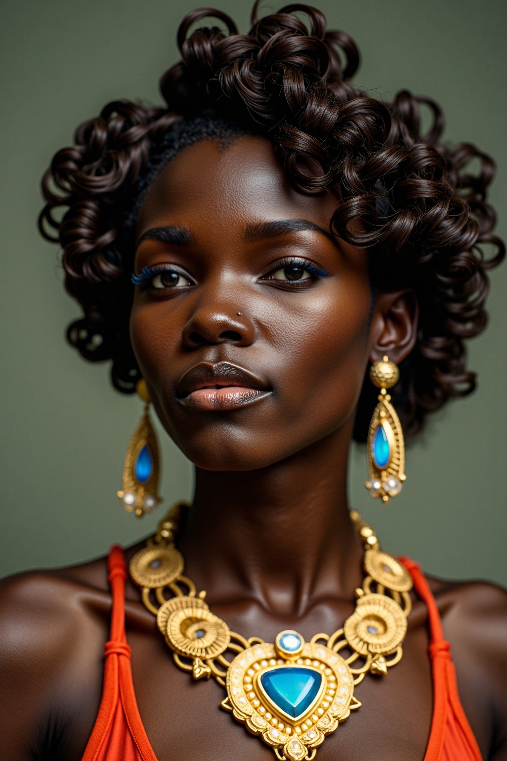 A close-up photo portrait of a young African woman with a fashionable hairdo. She’s wearing a large and intricately design...