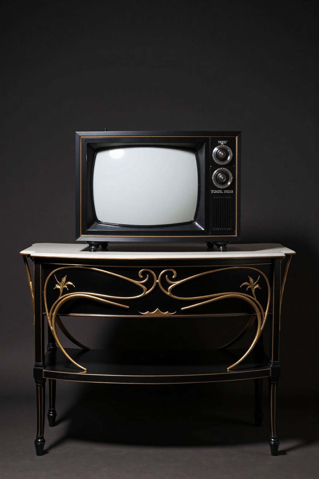 High resolution photo. A sleek,  retro-inspired TV set sits on a luxurious black marble table. The TV’s casing,  designed...