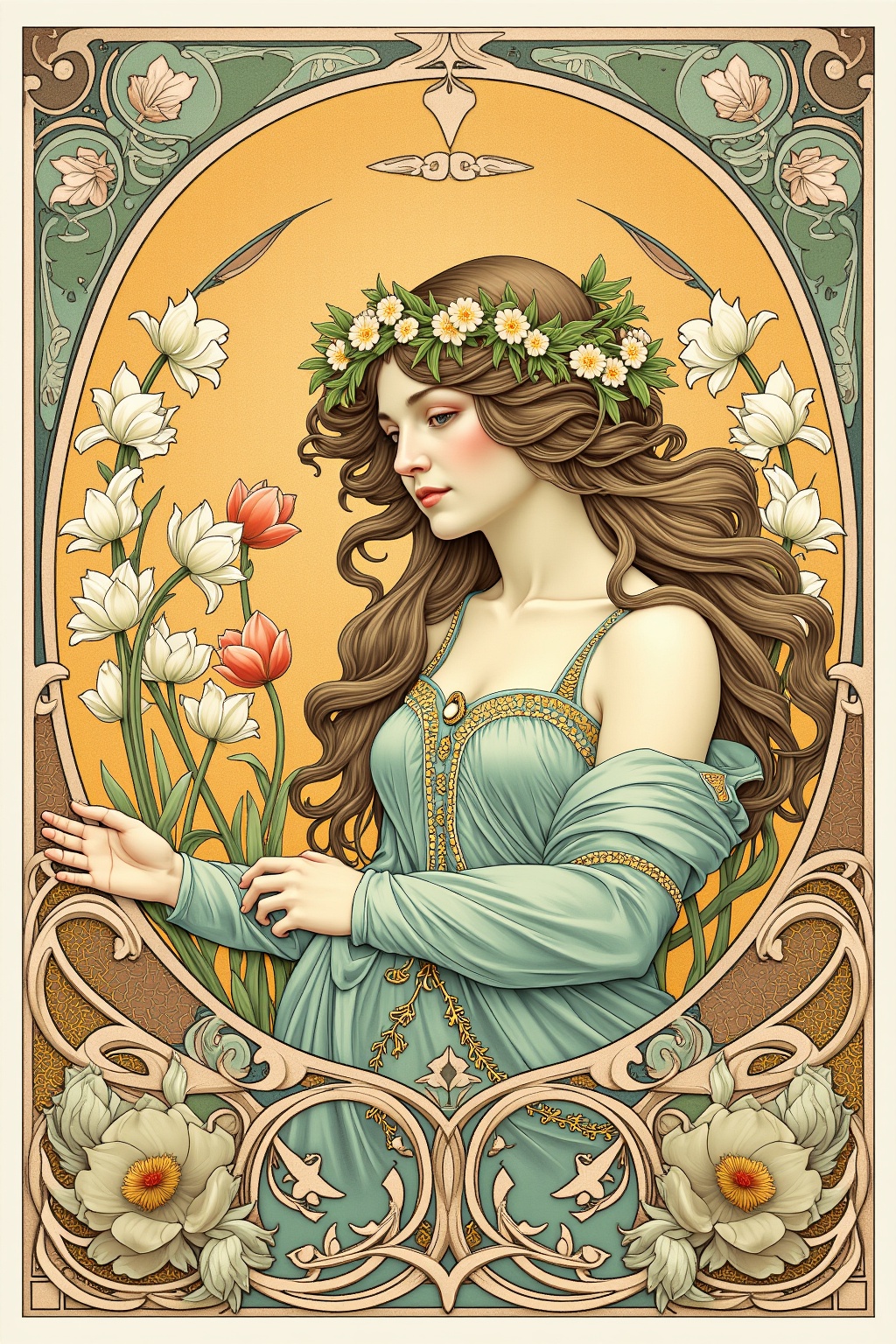 An ornate illustration featuring a poised woman framed by a decorative,  swirling border typical of FLUXEvue style. Her ex...