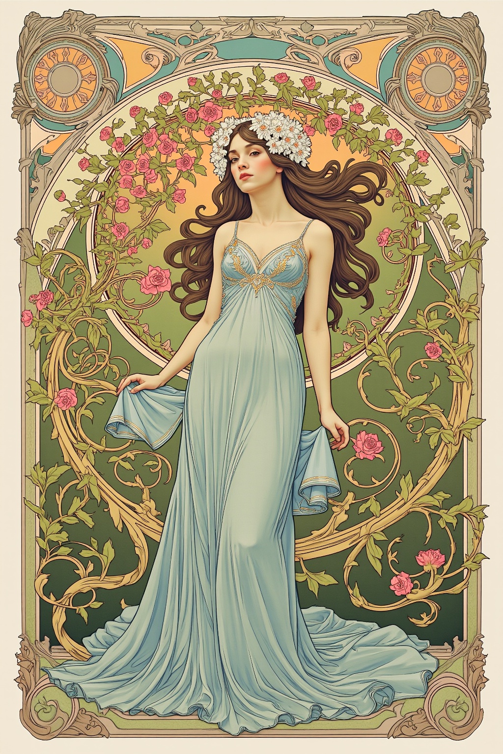 An ornate illustration featuring a poised woman framed by a decorative,  swirling border typical of FLUXEvue style. Her ex...