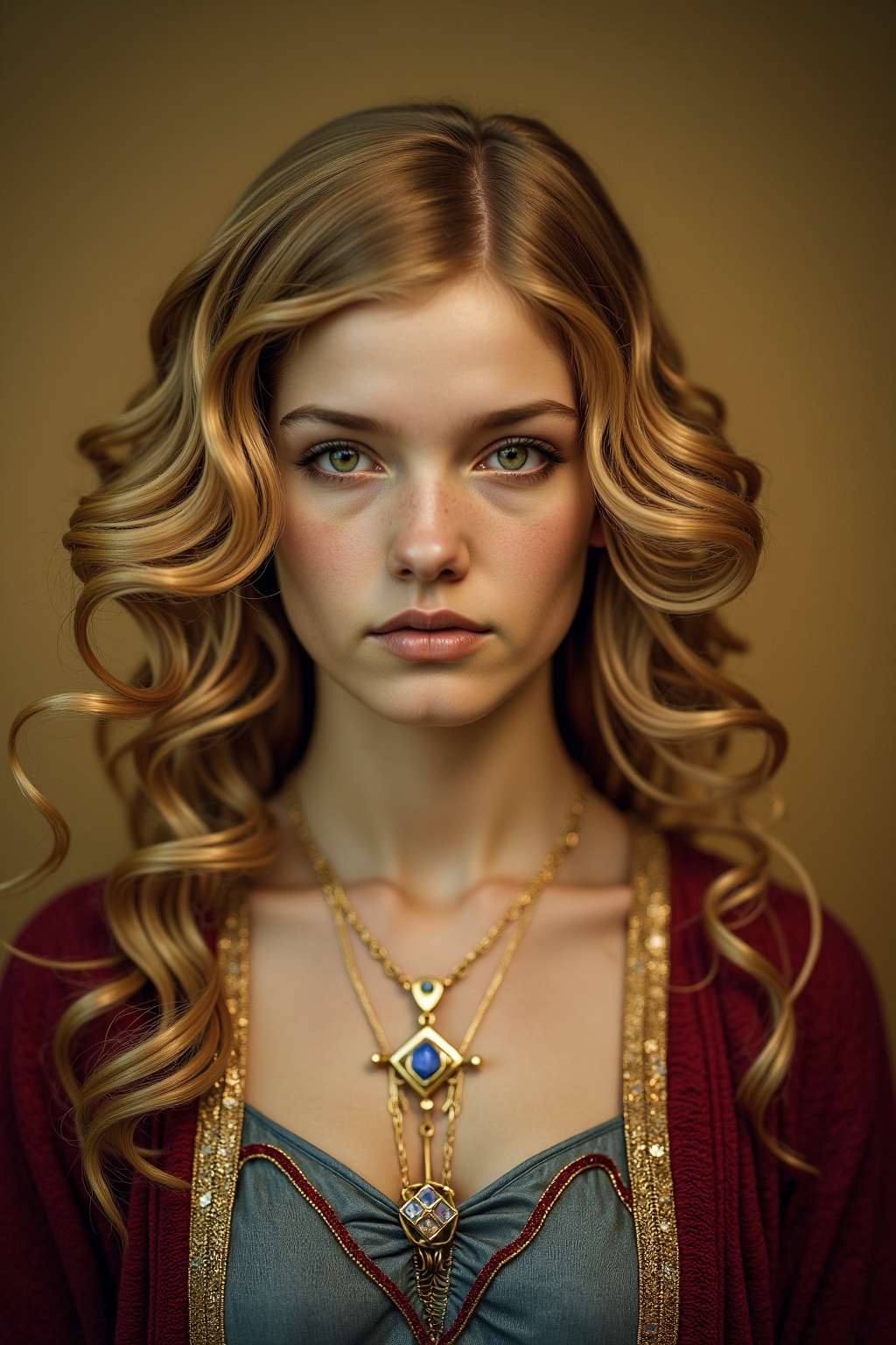 A close-up photo portrait of a young girl with soft,  wavy blonde hair cascading over her shoulders. She’s wearing an intr...