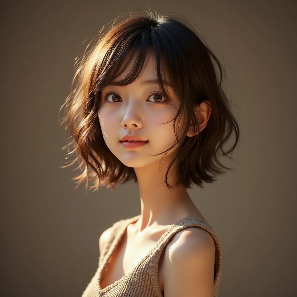 A glamorous fashion show scene where a young Japanese high school girl with a soft,  rounded face,  large on Tensor.Art