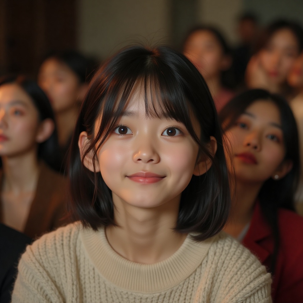In a grand fashion show setting,  a young Japanese high school girl sits in the audience,  gazing at the runway with wide...