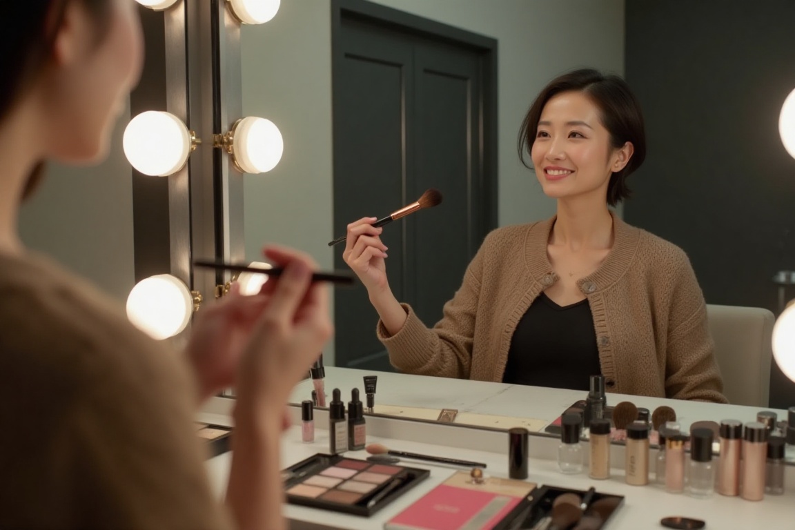 A close-up of the professional makeup room,  focusing on the elegant makeup tools and high-end cosmetics laid out neatly....