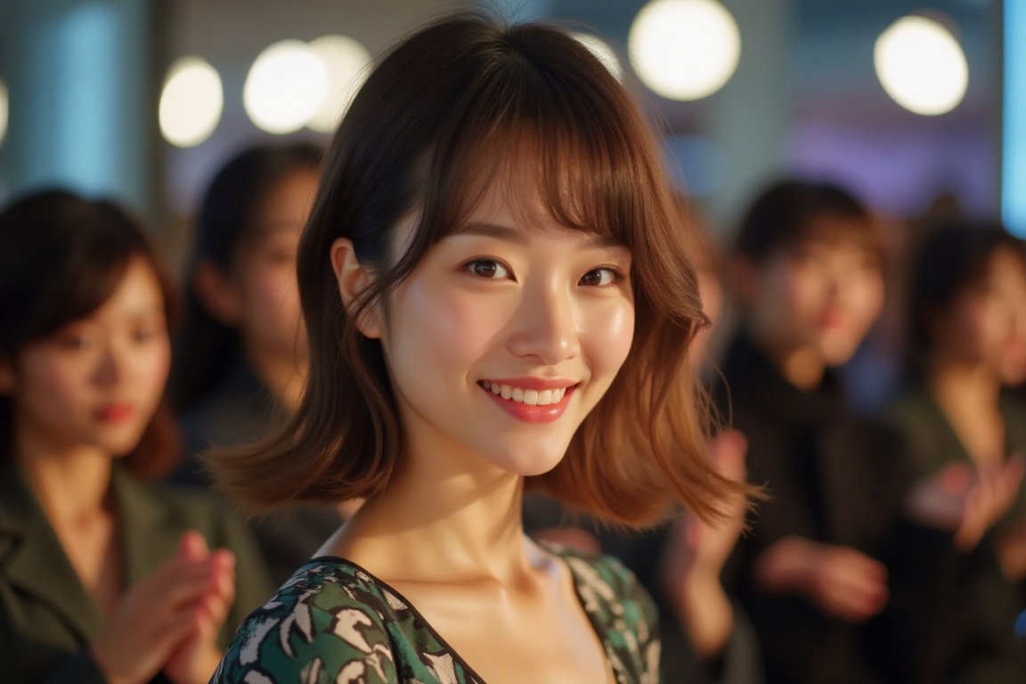 In the backstage of a vibrant fashion show,  a young Japanese woman,  now confident and refined with a sharply contoured f...