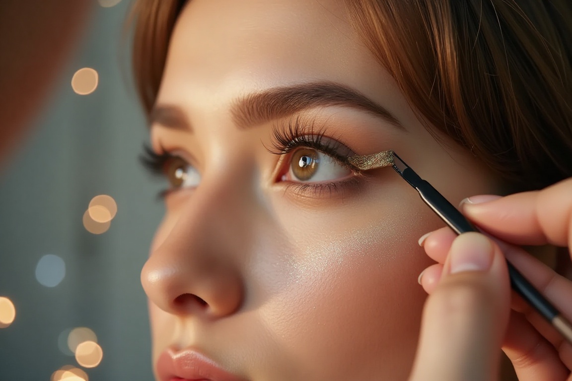 Visualize a makeup artist delicately refining the arch of a fashion model’s eyebrow with a precision tweezer,  capturing t...
