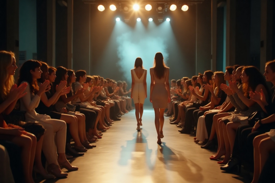 Fashion show scene. The camera focuses on a glamorous runway where models strut confidently in the bright lights. Other au...